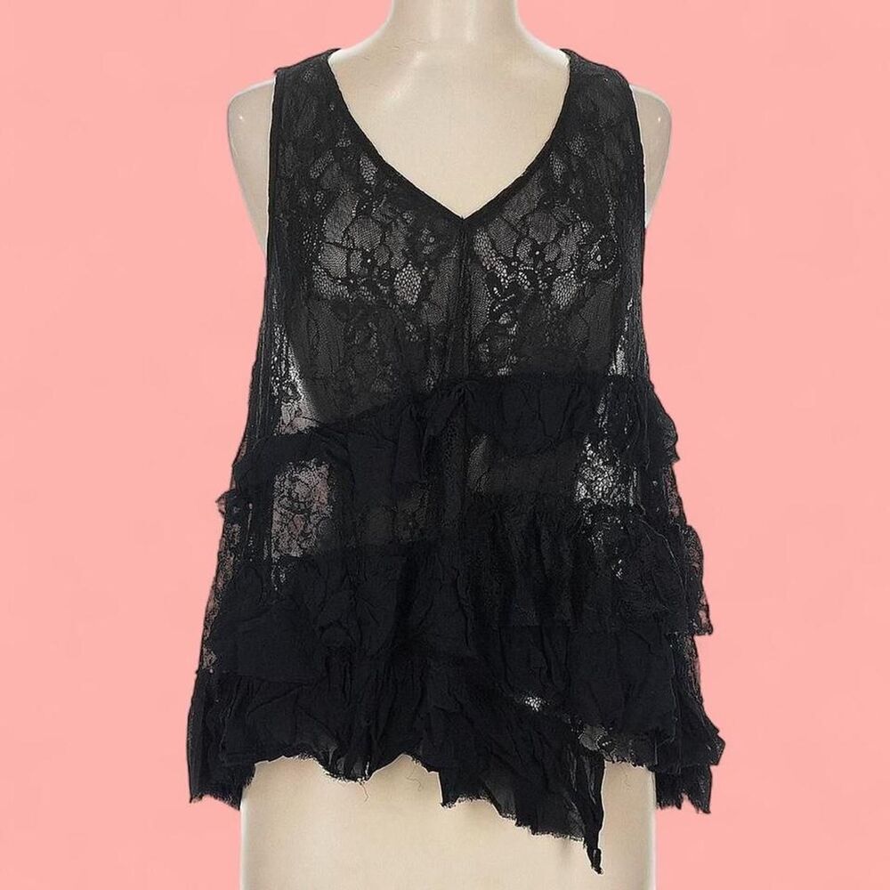 Anthropologie Sheer Tiered Lace V-Neck Tank Top M Black Whimsigoth